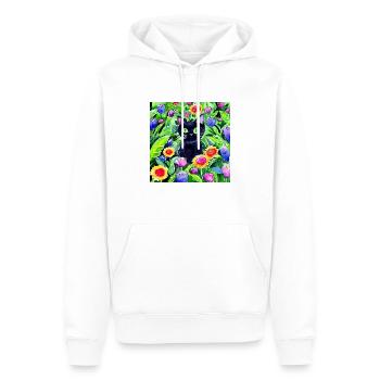 Schwarze Katze sitzt in einem Blumengarten - Männer Premium Bio Hoodie - Weiß - Vorne - Nico (187cm)
