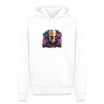 PixelPulse Cortex // Cyberpunk Skull - Männer Premium Bio Hoodie - Weiß - Vorne - Nico (187cm)