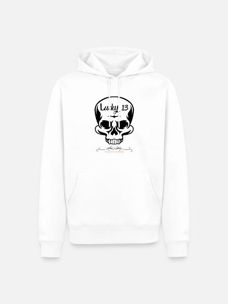 lucky 13, skull skull biker motorcycle bobber 13 - Men’s Premium Organic Hoodie - white