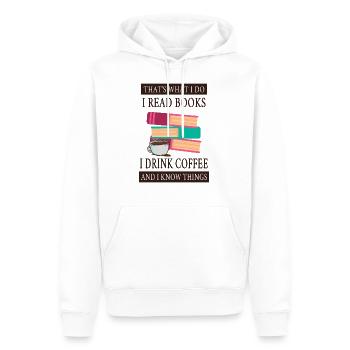 Je lis des livres qui boivent du café et je sais des choses - Sweat à capuche Premium bio Homme - blanc - Devant - Nico (187cm)