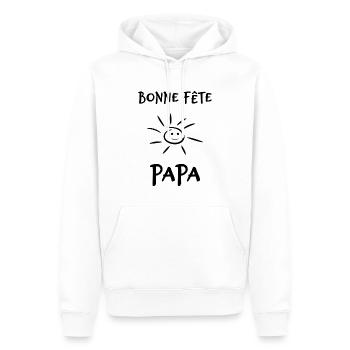 FÊTE DES PÈRES. BONNE FÊTE PAPA. PAPA. BONNE FÊTE - Sweat à capuche Premium bio Homme - blanc - Devant - Nico (187cm)
