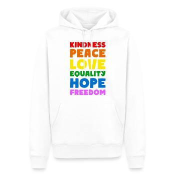 KINDNESS PEACE LOVE EQUALITY HOPE FREEDOM - Männer Premium Bio Hoodie - Weiß - Vorne - Nico (187cm)