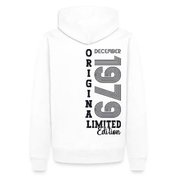 Cadeau original du 43e anniversaire de décembre 1979 - Sweat à capuche Premium bio Homme - blanc - Dos - Nico (187cm)