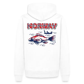 Norway Pêche Tour Pêche Norvège Pêche Tour - Sweat à capuche Premium bio Homme - blanc - Dos - Nico (187cm)