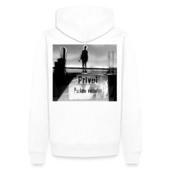 "PRIVAT" - Männer Premium Bio Hoodie - Weiß - Hinten - Nico (187cm)