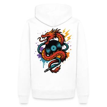 Musik Drache Mit Vinyl Platte Blitz Und Klinke - Männer Premium Bio Hoodie - Weiß - Hinten - Nico (187cm)
