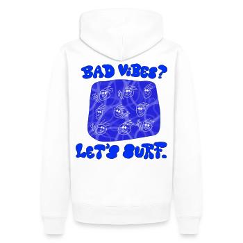 SHARKYS OLDHOUSE Mauvaise ambiance ! Surfons. - Sweat à capuche Premium bio Homme - blanc - Dos - Nico (187cm)