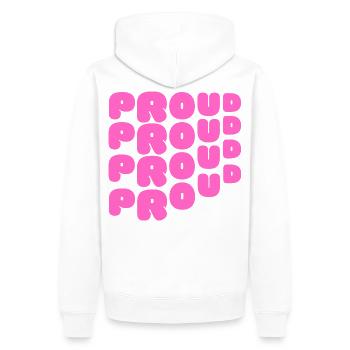 Pride / CSD / LGBTQ+ Design "PROUD" - Männer Premium Bio Hoodie - Weiß - Hinten - Nico (187cm)