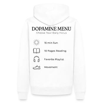 Dopamine Menu Backprint – Aesthetic Self Care - Männer Premium Bio Hoodie - Weiß - Hinten - Nico (187cm)