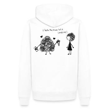 Je déteste le chaos mais il m’aime - Sweat à capuche Premium bio Homme - blanc - Dos - Nico (187cm)