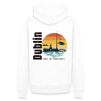 Dublin Retro Skyline – Coucher de soleil vintage irlandais - Sweat à capuche Premium bio Homme - blanc - Dos - Nico (187cm)