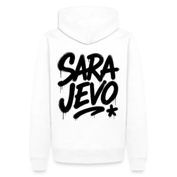 Police graffiti Sara Jevo - Sweat à capuche Premium bio Homme - blanc - Dos - Nico (187cm)