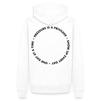 Pressure Is A Privilege Apparel  - Männer Premium Bio Hoodie - Weiß - Hinten - Nico (187cm)