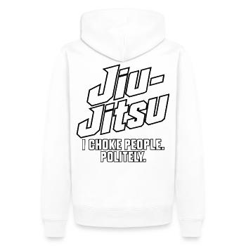 Jiu-Jitsu – ICH WÜRGE LEUTE. HÖFLICH. - Männer Premium Bio Hoodie - Weiß - Hinten - Nico (187cm)