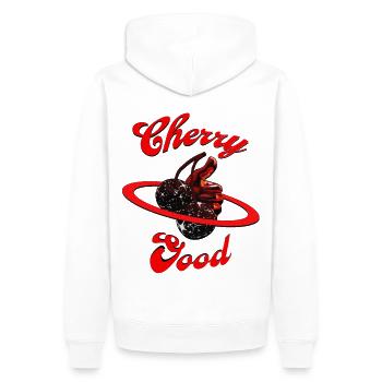 Funny humorous quote 'Cherry Good' - Men’s Premium Organic Hoodie - white - Back - Nico (187cm)