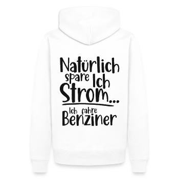 Natürlich spare ich Strom Ich fahre Benziner - Männer Premium Bio Hoodie - Weiß - Hinten - Nico (187cm)
