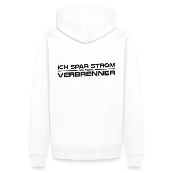 Natürlich spare ich Strom Ich fahre Verbrenner - Männer Premium Bio Hoodie - Weiß - Hinten - Nico (187cm)