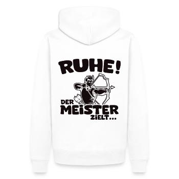 Ruhe! Der Meister zielt! Bogenschießen Bogensport - Männer Premium Bio Hoodie - Weiß - Hinten - Nico (187cm)