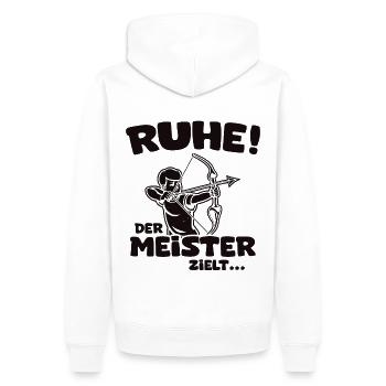 Ruhe! Der Meister zielt! Bogenschießen Bogensport - Männer Premium Bio Hoodie - Weiß - Hinten - Nico (187cm)