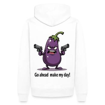 Badass Aubergine – Go Ahead, Make My Day - Männer Premium Bio Hoodie - Weiß - Hinten - Nico (187cm)