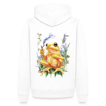 Goldener Frosch mit Joint und Blumen - Weed Frosch - Männer Premium Bio Hoodie - Weiß - Hinten - Nico (187cm)