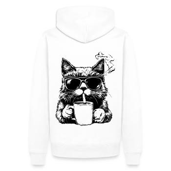 Cool: Katze mit Sonnenbrille, Zigarette und Kaffee - Männer Premium Bio Hoodie - Weiß - Hinten - Nico (187cm)