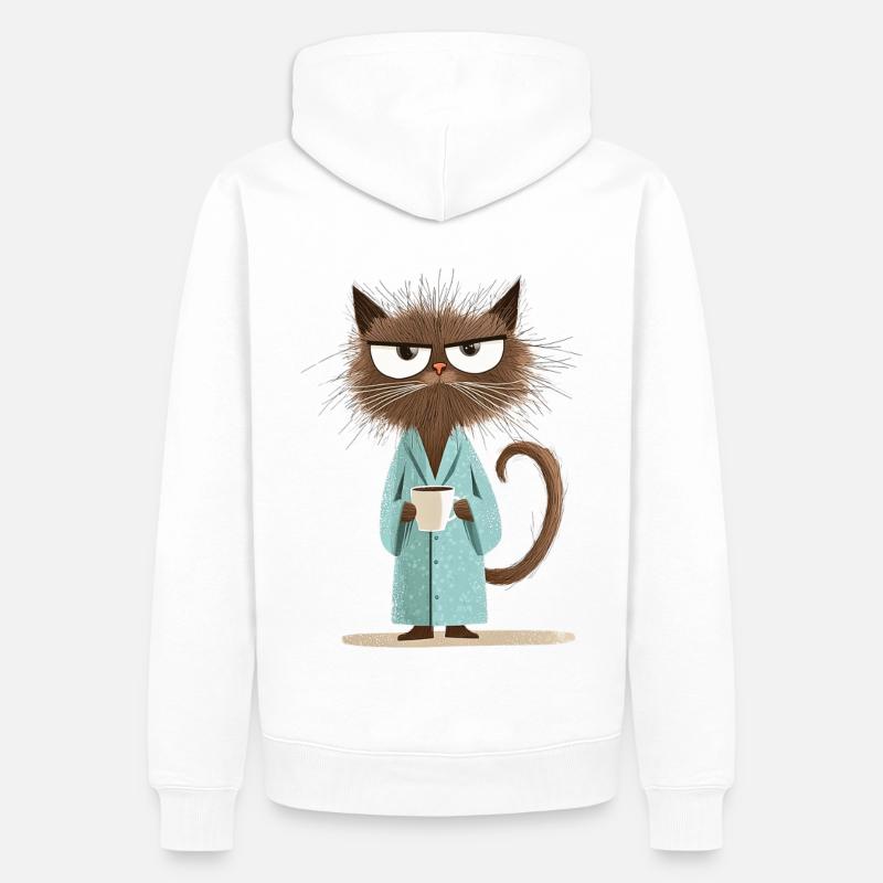 Morgenmuffel Katze mit Kaffee im Bademantel - Männer Premium Bio Hoodie - Weiß