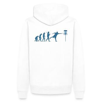 Disc Golf Evolution - Männer Premium Bio Hoodie - Weiß - Hinten - Nico (187cm)