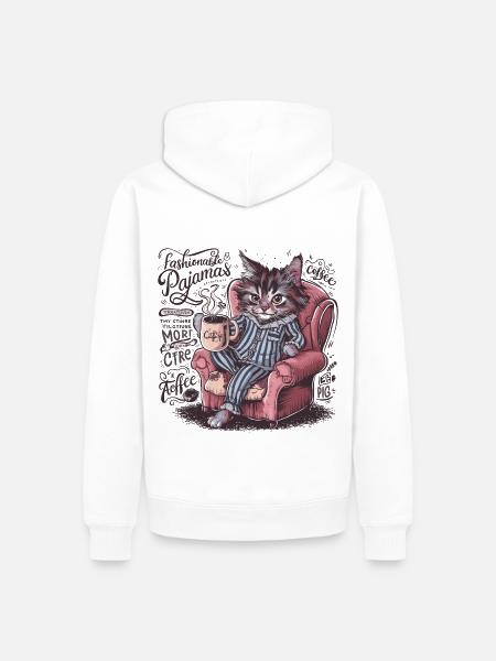 Lustige Katze im Pyjama und Kaffeetasse Katzen - Männer Premium Bio Hoodie - Weiß