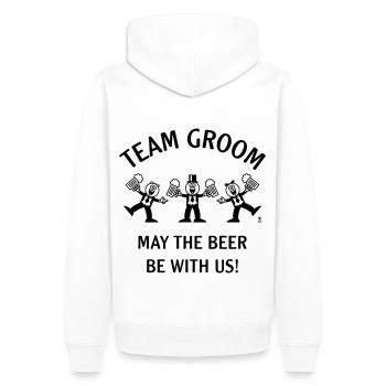 Team Groom (Caricature / Bière avec nous / 1C) - Sweat à capuche Premium bio Homme - blanc - Dos - Nico (187cm)
