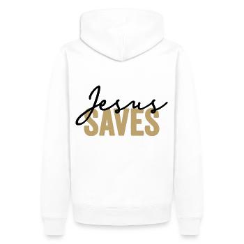 Jesus Saves Dans Les Couleurs Noir Et Or - Sweat à capuche Premium bio Homme - blanc - Dos - Nico (187cm)