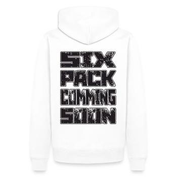 SIX PACK COMMIMG SOON Training GYM Geschenk - Männer Premium Bio Hoodie - Weiß - Hinten - Nico (187cm)