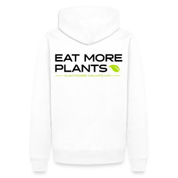 EAT MORE PLANTS | PlantPower-NoLimits - Männer Premium Bio Hoodie - Weiß - Hinten - Nico (187cm)