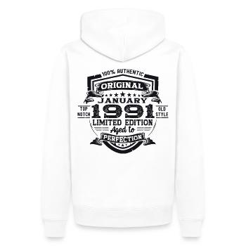 Né 1991 Janvier 32ème anniversaire Homme cadeau - Sweat à capuche Premium bio Homme - blanc - Dos - Nico (187cm)