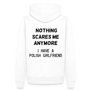 Rien ne me fait peur - j'ai une petite amie polonaise - Sweat à capuche Premium bio Homme - blanc - Dos - Nico (187cm)