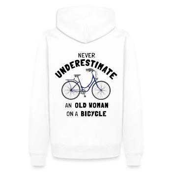 Ne sous-estimez jamais une vieille femme à vélo - Sweat à capuche Premium bio Homme - blanc - Dos - Nico (187cm)