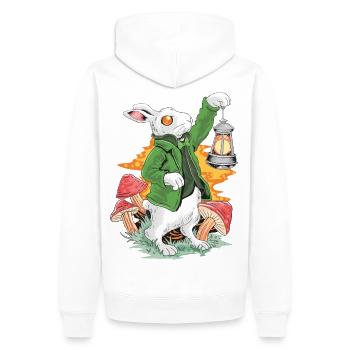 Hase mit Lampe und grünem Jacket - Männer Premium Bio Hoodie - Weiß - Hinten - Nico (187cm)