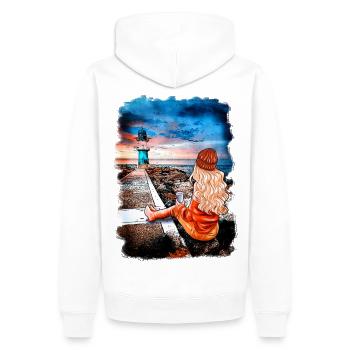 Phare Warnemünde Illustration Blonde - Sweat à capuche Premium bio Homme - blanc - Dos - Nico (187cm)