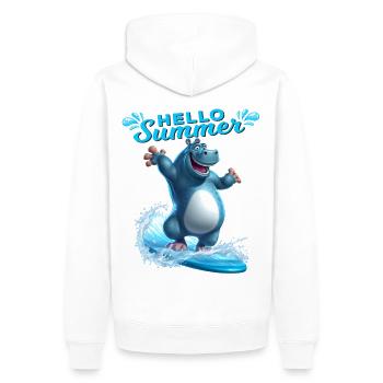 Witziges Nilpferd mit einem Surfbrett - Surfer - Männer Premium Bio Hoodie - Weiß - Hinten - Nico (187cm)