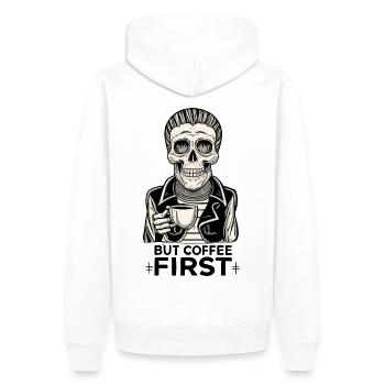 Skull Skeleton But Coffee First Coffee Saying - Men’s Premium Organic Hoodie - white - Back - Nico (187cm)
