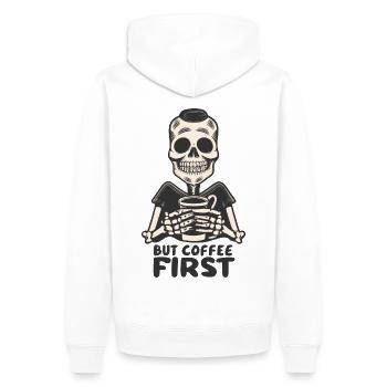 Skull Skeleton But Coffee First Coffee Saying - Men’s Premium Organic Hoodie - white - Back - Nico (187cm)