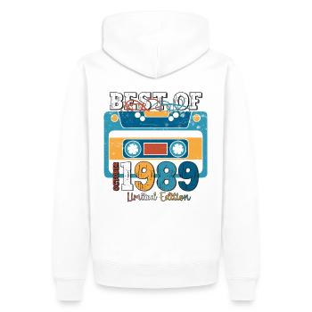 34e anniversaire mari octobre millésime 1989 cassette - Sweat à capuche Premium bio Homme - blanc - Dos - Nico (187cm)