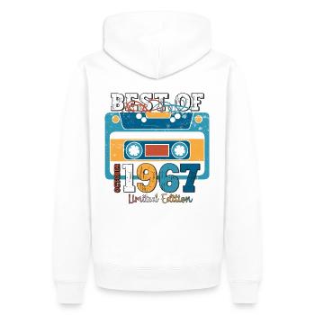 56e anniversaire mari octobre millésime 1967 cassette - Sweat à capuche Premium bio Homme - blanc - Dos - Nico (187cm)