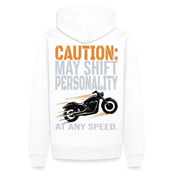 Caution – Personality Shift Biker Design - Männer Premium Bio Hoodie - Weiß - Hinten - Nico (187cm)