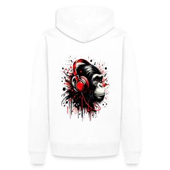 Affenkopf mit roten Kopfhörern POD-Design - Männer Premium Bio Hoodie - Weiß - Hinten - Nico (187cm)