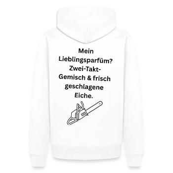 Mein Lieblingsparfüm? Zwei-Takt-Gemisch & frisch g - Männer Premium Bio Hoodie - Weiß - Hinten - Nico (187cm)