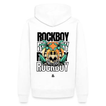 Rockboy "Totenkopf in der Hand" - Männer Premium Bio Hoodie - Weiß - Hinten - Nico (187cm)