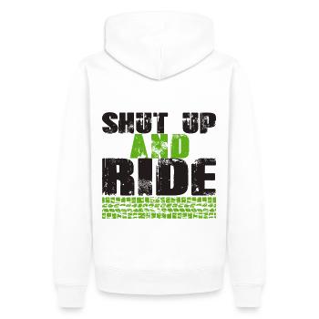 Shut up and RIDE / Das Shirt für alle Biker - Männer Premium Bio Hoodie - Weiß - Hinten - Nico (187cm)
