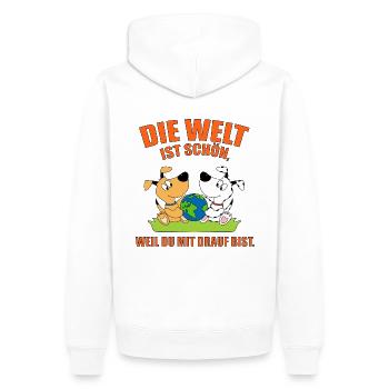 DIE WELT IST SCHÖN, WEIL DU MIT DRAUF BIST. HUNDE - Männer Premium Bio Hoodie - Weiß - Hinten - Nico (187cm)