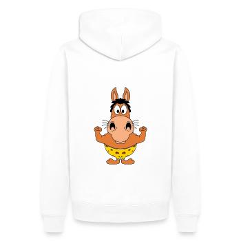 PFERD - STARK - MUSKELN - FITNESS - BODYBUILDING - Männer Premium Bio Hoodie - Weiß - Hinten - Nico (187cm)